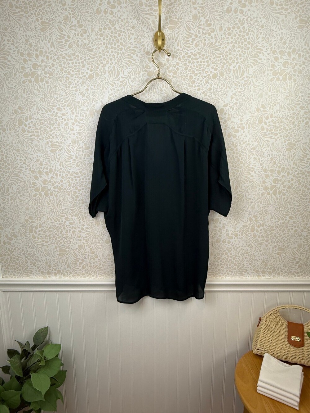 Vince Teal Green 100% Silk Satin Band-Collar Tunic Blouse - Size - Medium - Picture 3 of 6